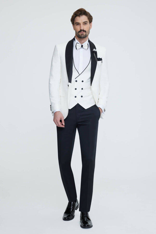 Men's White Slim Fit Shawl Collar Patterned Wedding Suit - 7