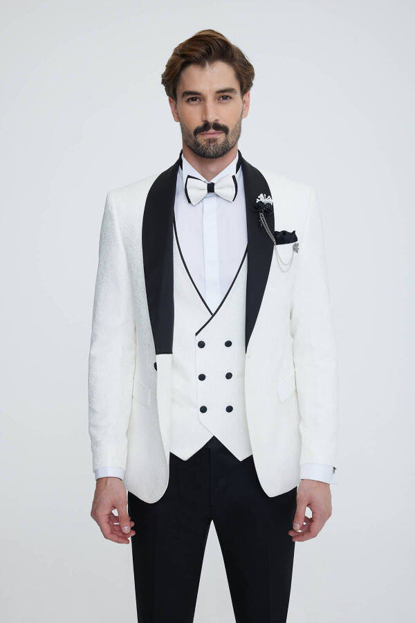 Men's White Slim Fit Shawl Collar Patterned Wedding Suit - 9