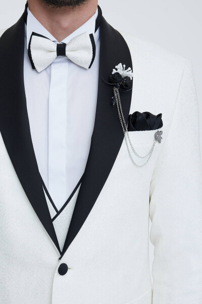 Men's White Slim Fit Shawl Collar Patterned Wedding Suit - 10