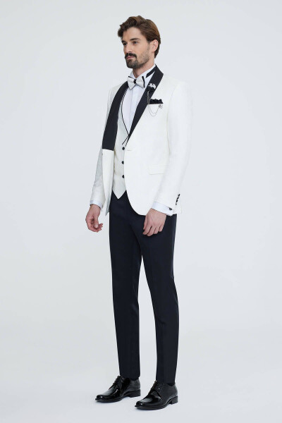 Men's White Slim Fit Shawl Collar Patterned Wedding Suit - 2