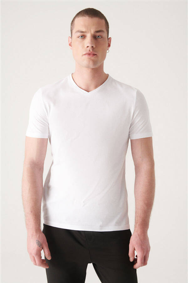 Men's White T-shirt 100% Cotton V-Neck Regular Fit E001001 - 17