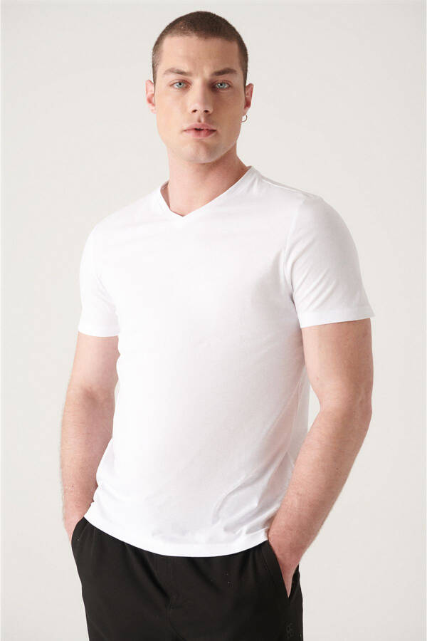 Men's White T-shirt 100% Cotton V-Neck Regular Fit E001001 - 19