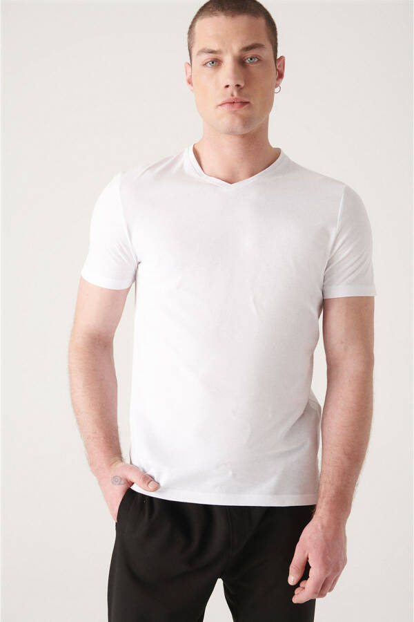 Men's White T-shirt 100% Cotton V-Neck Regular Fit E001001 - 21