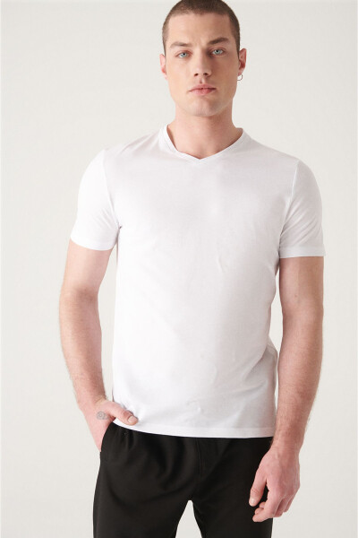 Men's White T-shirt 100% Cotton V-Neck Regular Fit E001001 - 5