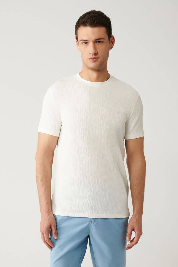 Men's White T-shirt Crew Neck Jacquard Cotton Regular Fit A41y1322 - 3