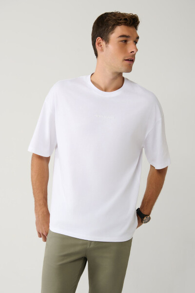 Men's White T-shirt Crew Neck Printed Cotton Oversize E001037 - 7