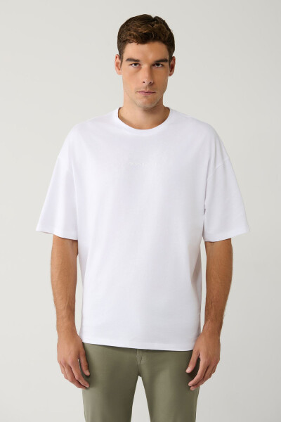 Men's White T-shirt Crew Neck Printed Cotton Oversize E001037 - 9