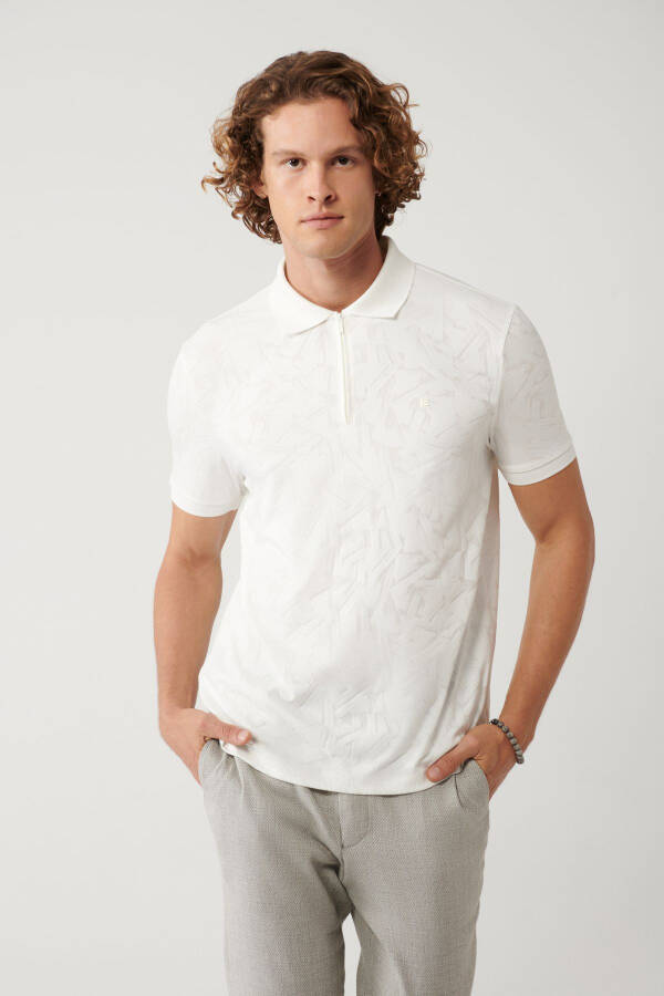 Men's White Zippered Polo Neck Jacquard Regular Fit T-shirt A41y1118 - 6