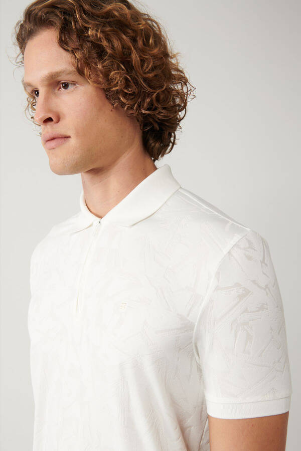 Men's White Zippered Polo Neck Jacquard Regular Fit T-shirt A41y1118 - 7