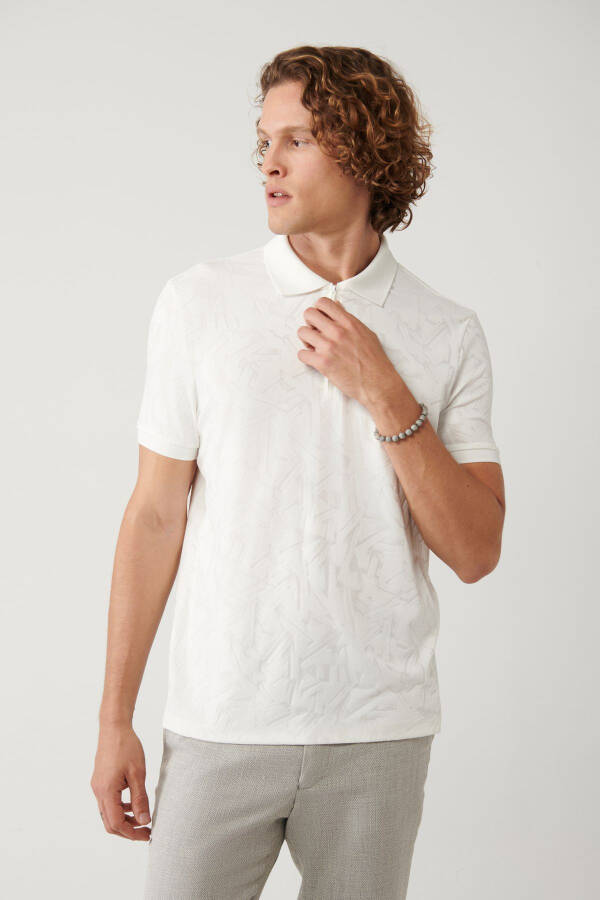 Men's White Zippered Polo Neck Jacquard Regular Fit T-shirt A41y1118 - 9