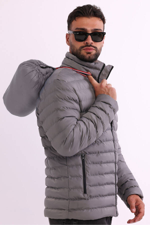 Men's Windproof Portable Bag Warm Keeping Fiber Filled Lightweight Inflatable Gray Jacket - 9