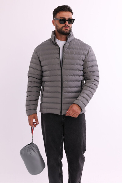 Men's Windproof Portable Bag Warm Keeping Fiber Filled Lightweight Inflatable Gray Jacket - 10