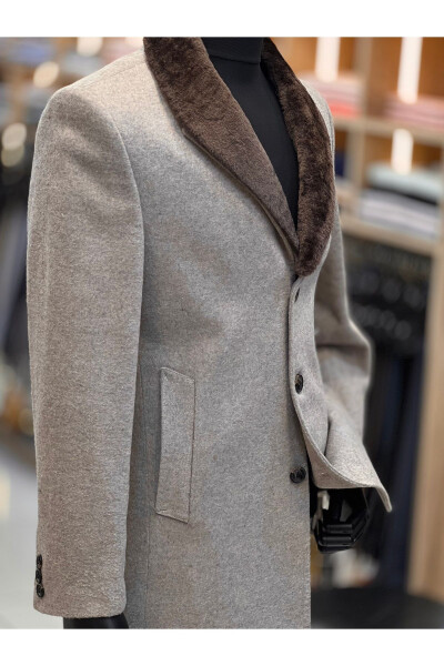 Men's wool coat, beige, detachable fur collar. - 2