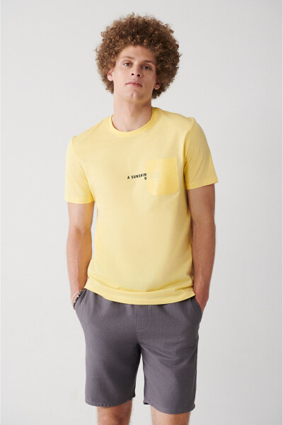 Men's Yellow 100% Cotton Crew Neck Pocket Printed Regular Fit T-shirt - 5