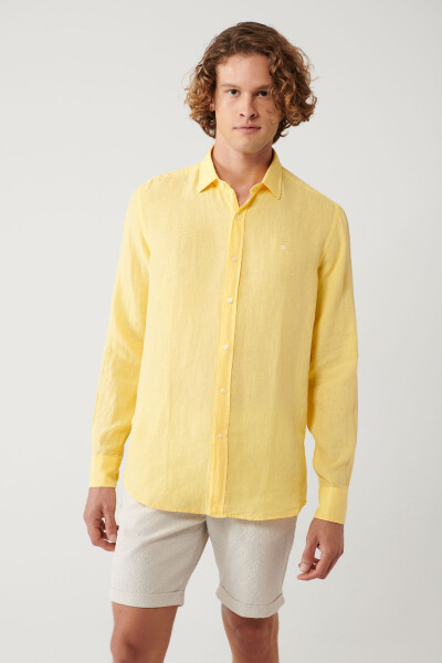 Men's Yellow Linen Shirt Button-Down Collar Comfort Fit B002191 - 6