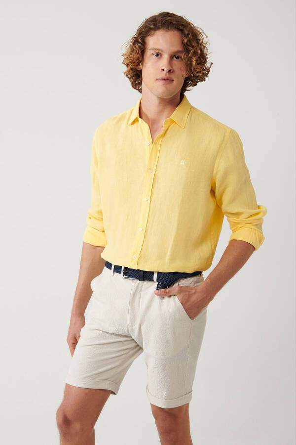 Men's Yellow Linen Shirt Button-Down Collar Comfort Fit B002191 - 8