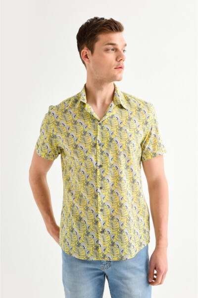 Men's Yellow Printed Apache Collar Slim Fit Short Sleeve Shirt A01y2049 - 1