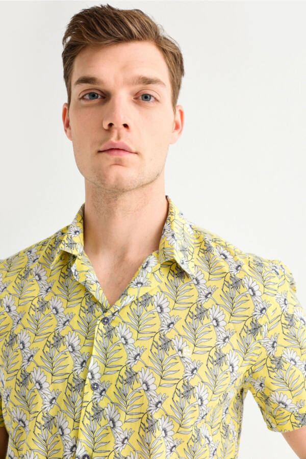 Men's Yellow Printed Apache Collar Slim Fit Short Sleeve Shirt A01y2049 - 3