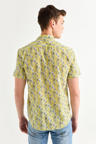 Men's Yellow Printed Apache Collar Slim Fit Short Sleeve Shirt A01y2049 - 4