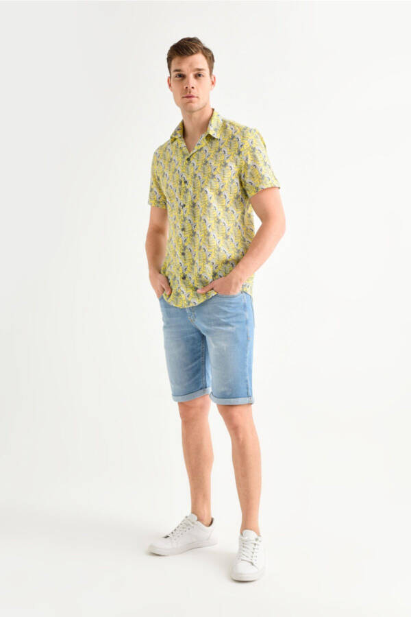 Men's Yellow Printed Apache Collar Slim Fit Short Sleeve Shirt A01y2049 - 5