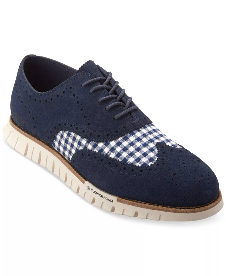 Men's ZERØGRAND Remastered Lace-Up Wingtip Oxford Dress Shoes Navy Blazer Blue Gingham-Ivory - 1