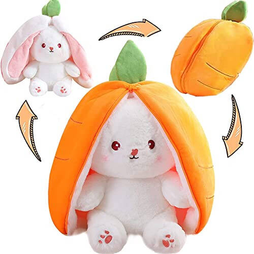 MIAODAM Cuddly Bunny Stuffed Animal, Kawaii Squishy Cute Easter Bunny Plush Turn Into Rabbit Fruit Doll Carrot Strawberry Pillow, Plushies Funny Bunny Toy for Baby (Carrot Rabbit, 10inch) - 1