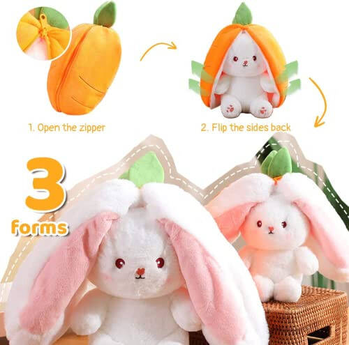 MIAODAM Cuddly Bunny Stuffed Animal, Kawaii Squishy Cute Easter Bunny Plush Turn Into Rabbit Fruit Doll Carrot Strawberry Pillow, Plushies Funny Bunny Toy for Baby (Carrot Rabbit, 10inch) - 2