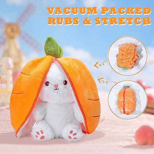 MIAODAM Cuddly Bunny Stuffed Animal, Kawaii Squishy Cute Easter Bunny Plush Turn Into Rabbit Fruit Doll Carrot Strawberry Pillow, Plushies Funny Bunny Toy for Baby (Carrot Rabbit, 10inch) - 3