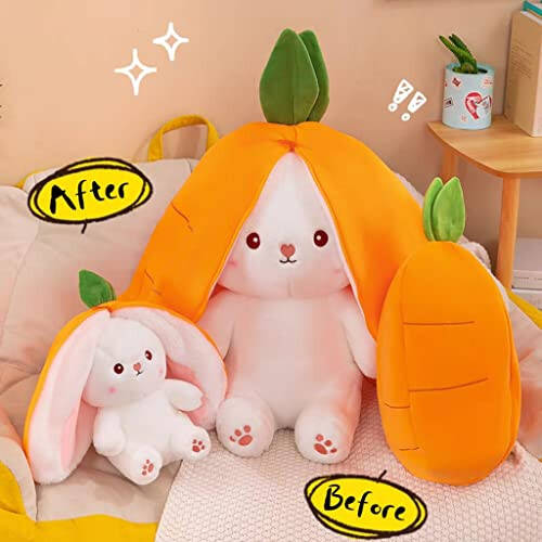 MIAODAM Cuddly Bunny Stuffed Animal, Kawaii Squishy Cute Easter Bunny Plush Turn Into Rabbit Fruit Doll Carrot Strawberry Pillow, Plushies Funny Bunny Toy for Baby (Carrot Rabbit, 10inch) - 5