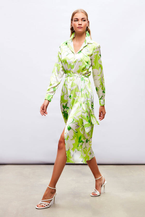 Midi Patterned Shirt Dress - GREEN - 1