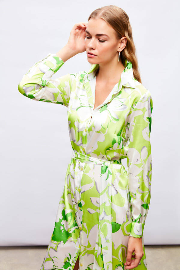 Midi Patterned Shirt Dress - GREEN - 2