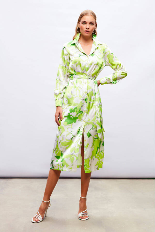 Midi Patterned Shirt Dress - GREEN - 3