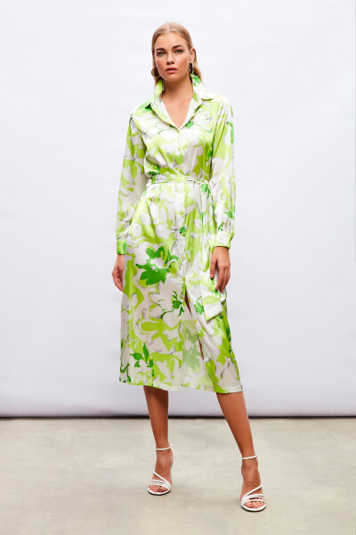 Midi Patterned Shirt Dress - GREEN - 4