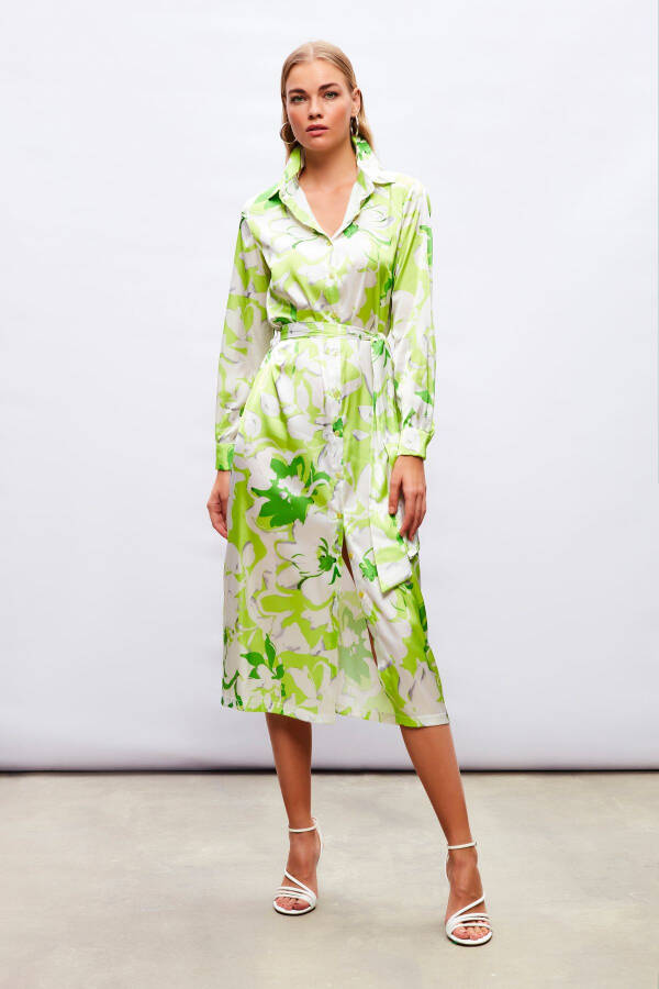 Midi Patterned Shirt Dress - GREEN - 4