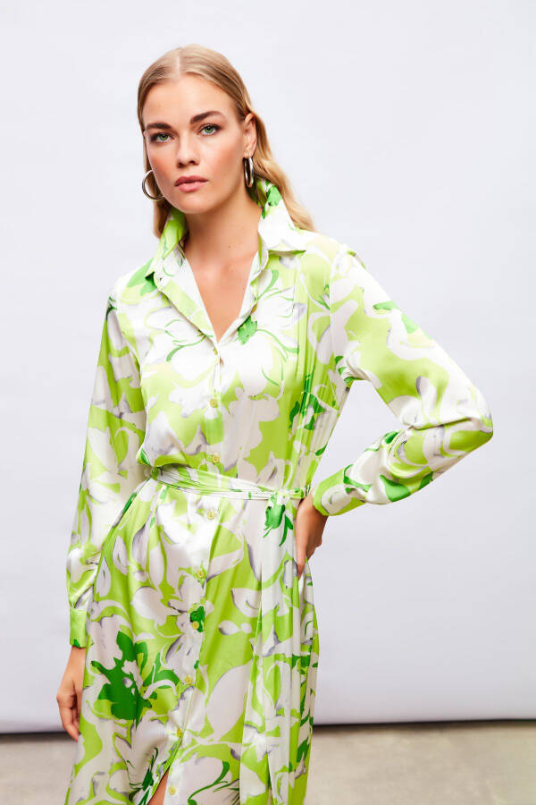 Midi Patterned Shirt Dress - GREEN - 5