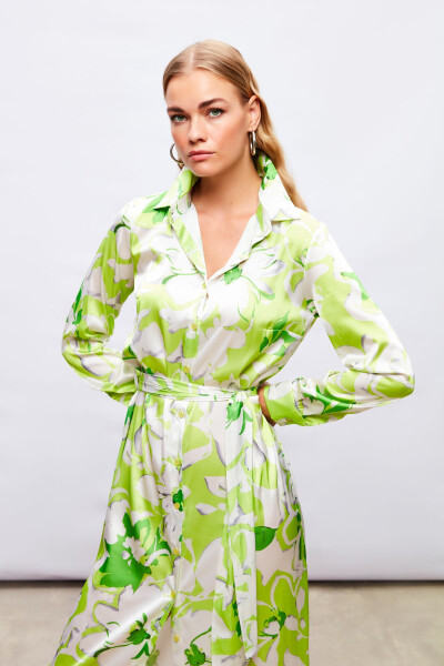 Midi Patterned Shirt Dress - GREEN - 6