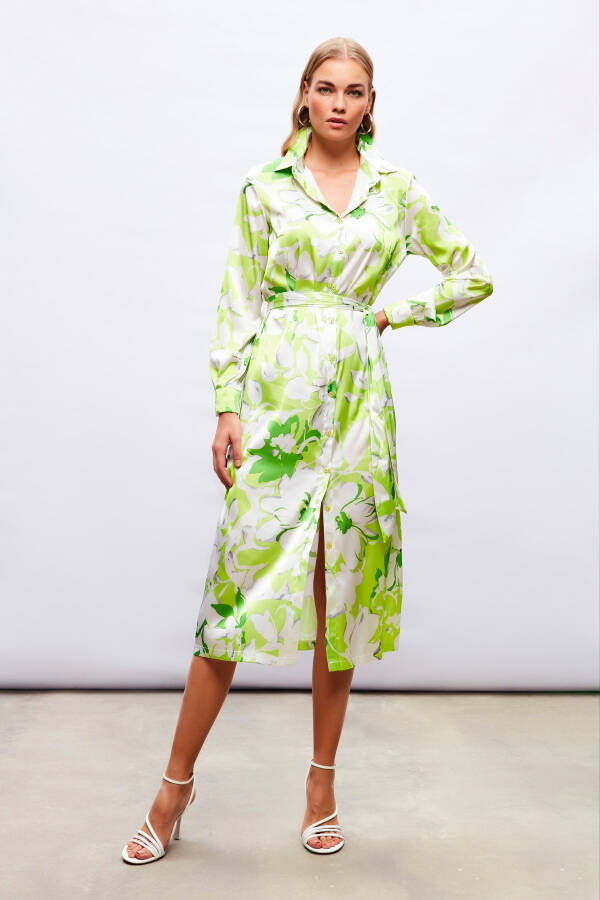 Midi Patterned Shirt Dress - GREEN - 10