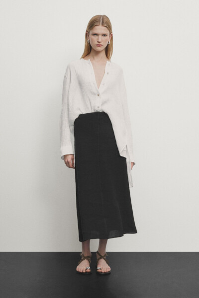 Midi skirt with stitch detailing, made of 100% linen. - 1