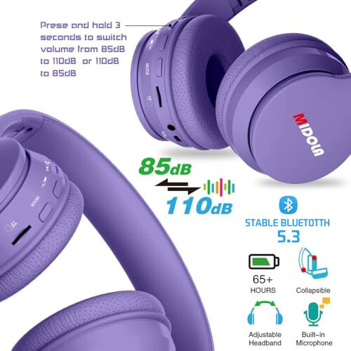 MIDOLA Çocuk Kulaklıkları Bluetooth 5.3 Kablosuz 60 Saat Çalma Süresi Ses Sınırı 85/110dB Kulak Üstü Katlanabilir Koruma Kulaklık/Kablolu AUX Kablosu Mikrofon Erkek Kız Seyahat Okul Telefon Tablet Açık Mor - 5