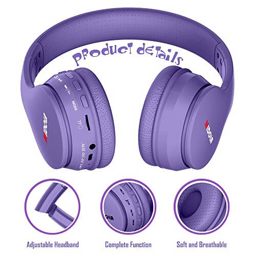 MIDOLA Kids Headphones Bluetooth 5.3 Wireless 60H Play Time Volume Limit 85/110dB Over Ear Foldable Protection Headset/Wired AUX Cord Mic for Boy Girl Travel School Phone Pad Tablet Light Purple - 3