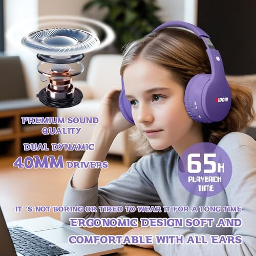 MIDOLA Kids Headphones Bluetooth 5.3 Wireless 60H Play Time Volume Limit 85/110dB Over Ear Foldable Protection Headset/Wired AUX Cord Mic for Boy Girl Travel School Phone Pad Tablet Light Purple - 6