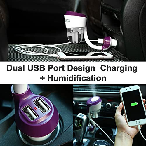 MIGHTYDUTY Araba Yağ Difüzörü Çift USB Şarj Adaptörü ile, Mini Araba Difüzör Nemlendirici Esansiyel Yağlar İçin, Araba Hava Nemlendirici Otomobil Hediye Mor - 3