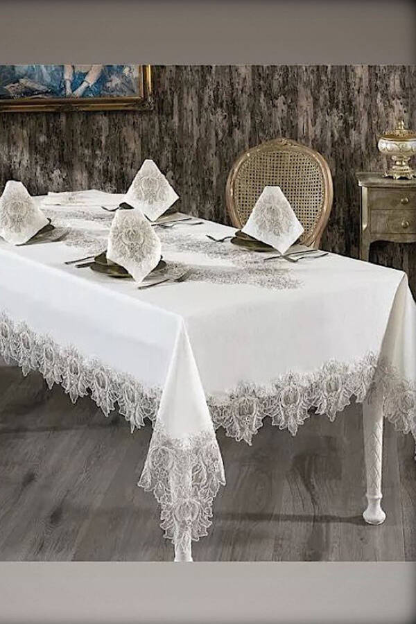 Mihrimah Cream 26 Piece 12 Person French Lace Dowry Dinner Tablecloth Set Runner Set - 1