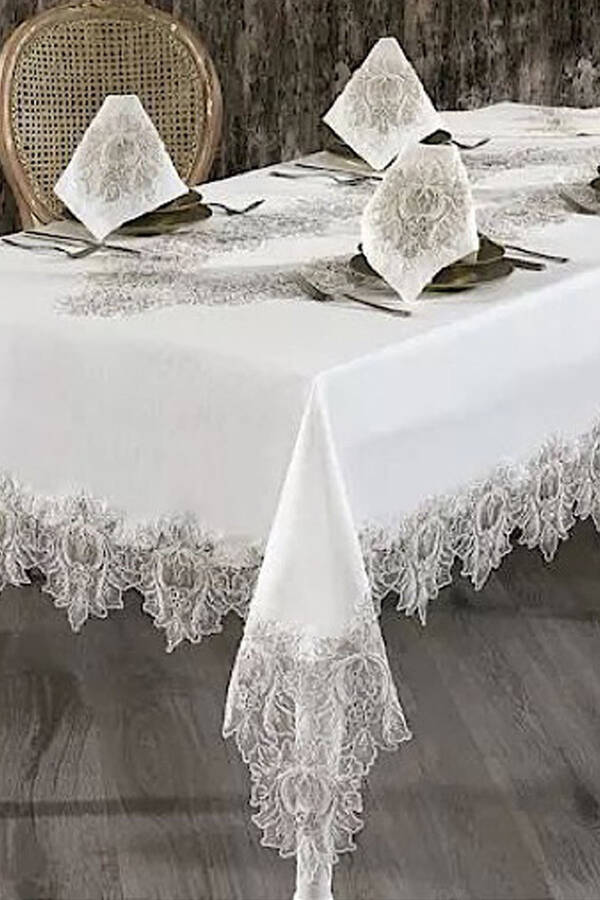 Mihrimah Cream 26 Piece 12 Person French Lace Dowry Dinner Tablecloth Set Runner Set - 2