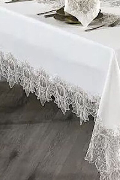 Mihrimah Cream 26 Piece 12 Person French Lace Dowry Dinner Tablecloth Set Runner Set - 3