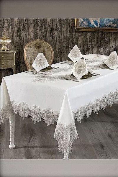 Mihrimah Cream 26 Piece 12 Person French Lace Dowry Dinner Tablecloth Set Runner Set - 4