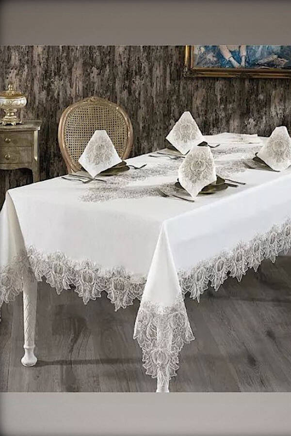 Mihrimah Cream 26 Piece 12 Person French Lace Dowry Dinner Tablecloth Set Runner Set - 4