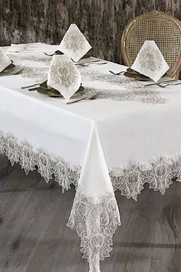 Mihrimah Cream 26 Piece 12 Person French Lace Dowry Dinner Tablecloth Set Runner Set - 5