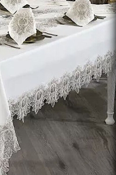 Mihrimah Cream 26 Piece 12 Person French Lace Dowry Dinner Tablecloth Set Runner Set - 6