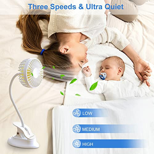 Mikikin Clip on Fan Small Mini Fan, Portable Usb Battery Operated Fan, Rechargeable Baby Stroller Fan, Quiet Personal Desk Fan 3 Speeds Flexible Neck Great for Bed Office Car Dorm Camping Beach, White - 3